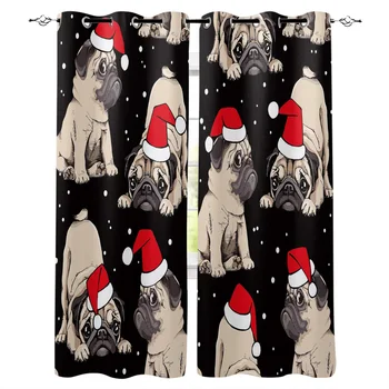 

Pug Dog Hat Snowflake Window Curtains Living Room Kitchen Curtains for Bedroom Left and Right Biparting Open Curtains