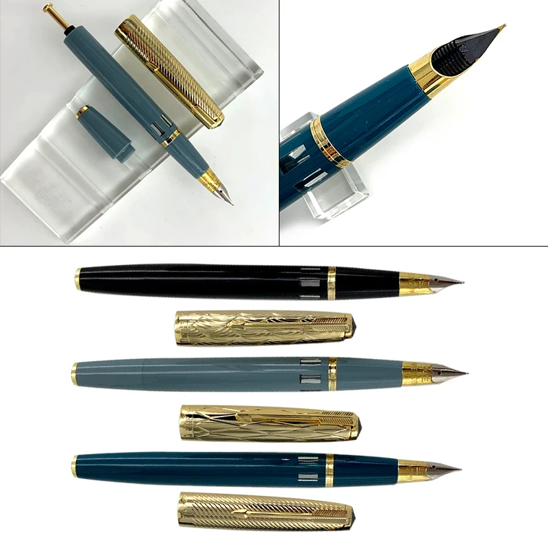 Перьевая ручка Wing Sung 601A Twill Golden cap, вакуумная перьевая ручка, тонкий перьевая ручка с окошком, Голубое озеро, хорошее перо, школьные офисные принадлежности