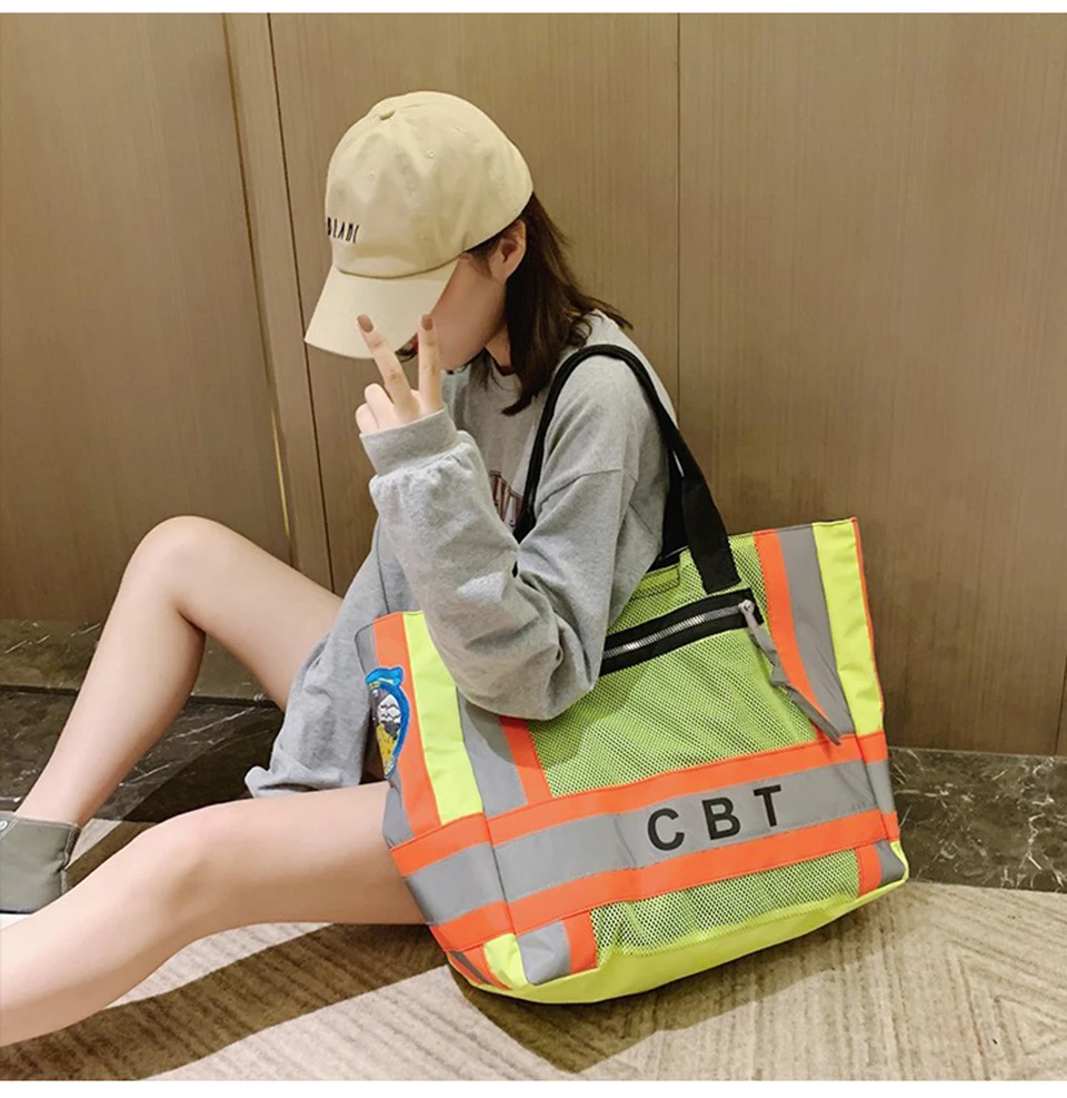 Women Large Capacity Tote Bags Neon Green Street Handbag Reflective Shoulder Korean Style Girl Trend Fashion Shopping | Багаж и сумки
