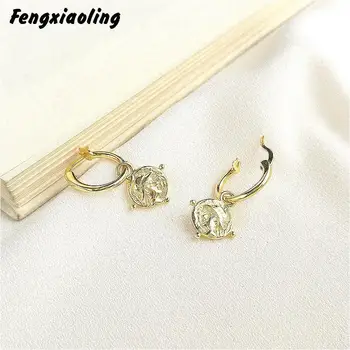 

Fengxiaoling Really 925 Sterling Silver Big Circle Drop Earrings For Women Golden Silver Coin Portrait Earings Fashion Jewelry