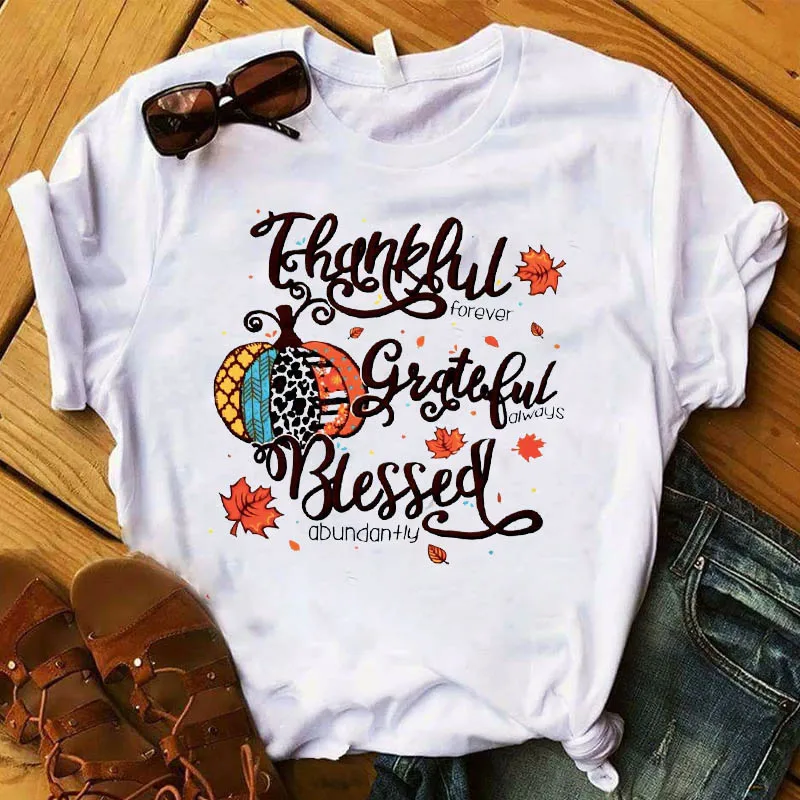 

Women T Pumpkin Grateful Blessed Leaves Womens Top Thanksgiving Halloween Tshirt Female Graphic Tee Shirt Clothes T-shirt