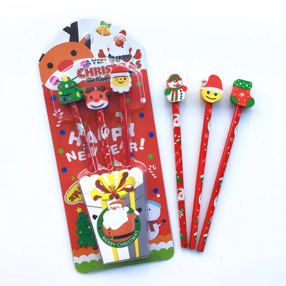 Stickers pencils and erasers in set. Snowman Stationary set 