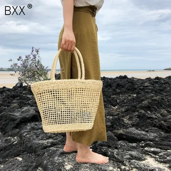 

[BXX] 2020 New Women's Woven Handmade Hollow Out Handbags Summer Beach Tote Bag Ladies Single Shoulder Bag HE347
