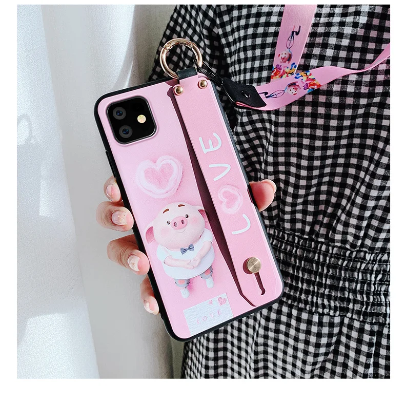 Для iphone 11 pro max милый поросенок ремешок на запястье чехол для телефона для iphone 11 pro мультфильм кошка силиконовый кролик задняя крышка+ ремень - Цвет: As shown in