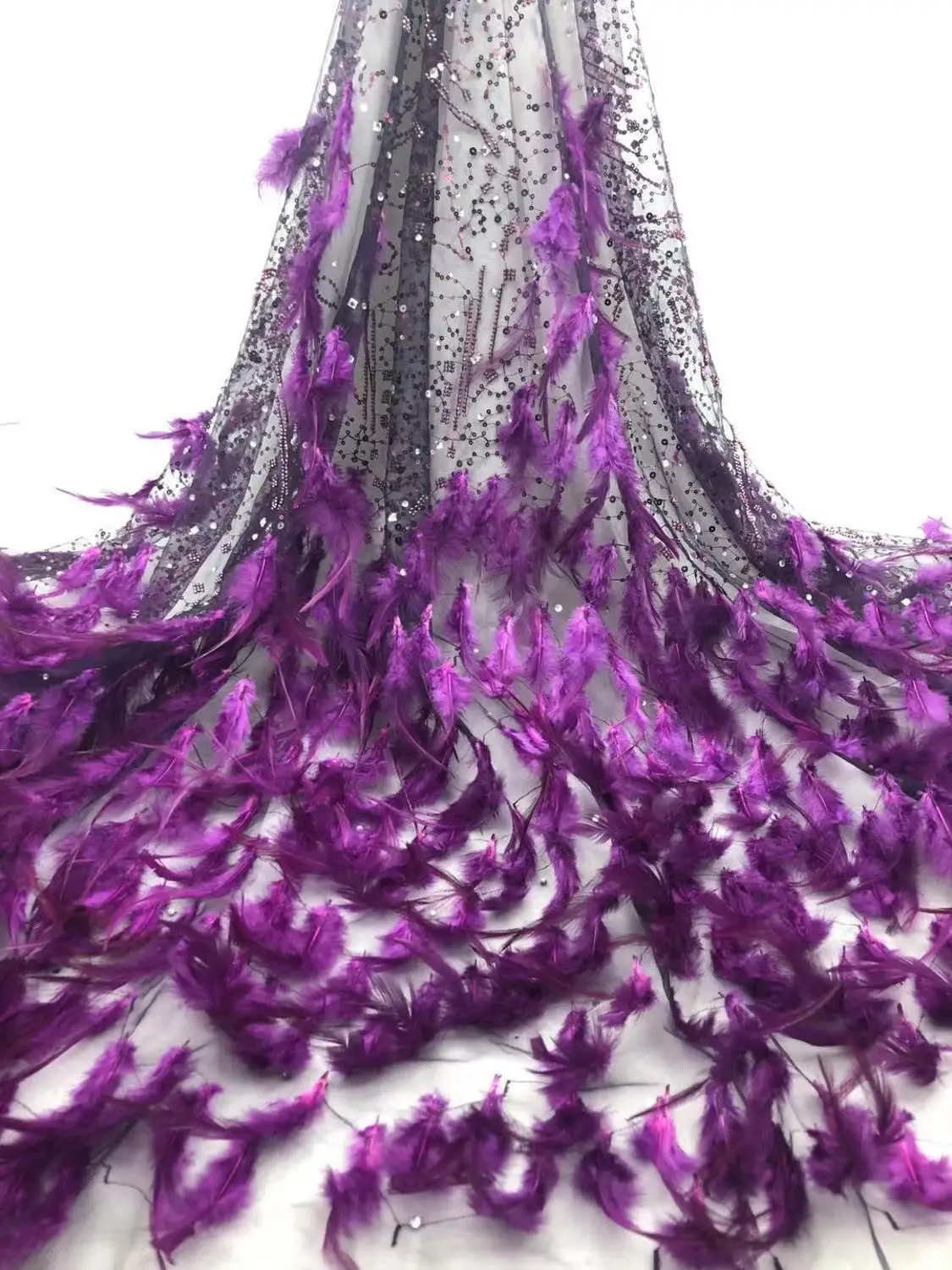 

New French Luxury Sequins and Feather Tulle Lace Fabric Banquet Dress ZX-SJ037
