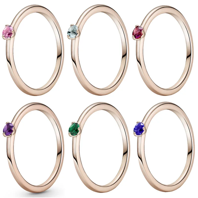 

925 Sterling Silver Ring Rose Heart Shape Solitaire Rings With Colorful Crystal Stack Rings For Women Gift Fashion Fine Jewelry