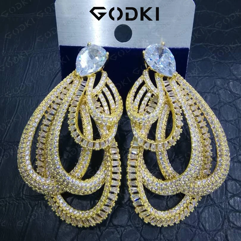 GODKI, известный дизайн, скрученные серьги-гвоздики для женщин, свадебные с кубическим цирконом, Brincos, Букле д 'Орель,, модные богемные ювелирные изделия