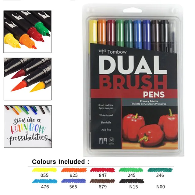 10PKG-pririmary Япония Tombow ABT двойная водная Кисть ручка и тонкий наконечник ручка Профессиональный каллиграфический маркер ручка для пули журналов открыток - Цвет: 10PKG-pririmary