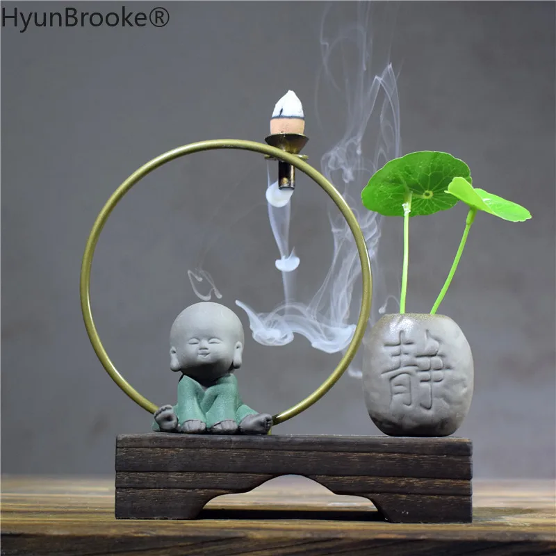 Zen Style Ceramic little monk Incense Burner Stick Holder Smoke Backflow Cone Furnace Base Metal Circle Creative | Дом и сад