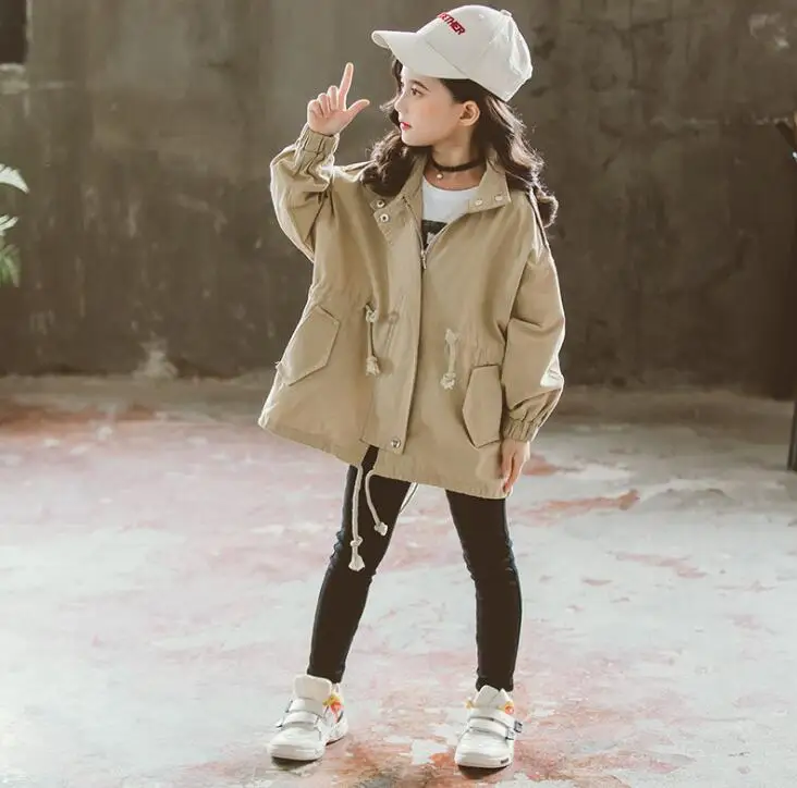 Осенние тренчи с длинными рукавами в Корейском стиле для маленьких девочек 8 лет, однотонное свободное повседневное пальто детские куртки ZL252 - Цвет: Khaki