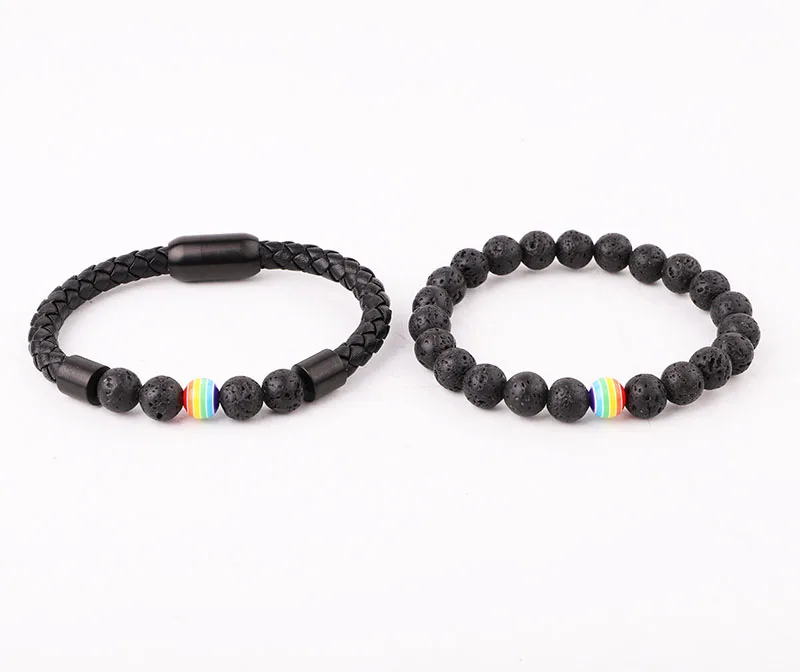 High Quality 316L Stainless Steel Clasp Lava Stone Charm Rainbow Ball Genuine Leather Bracelet Men Jewelry - Image 2