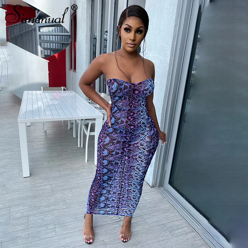 Simenual Snake Print Ruched Strapless Party Dress Women Fashion Bodycon Clubwear Sexy Hot Skinny Wrap Chest Maxi Dresses Summer Simenual Snake Print Ruched Strapless Party Dress Women Fashion Bodycon Clubwear Sexy Hot Skinny Wrap Chest Maxi Dresses Summer