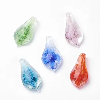 

50pcs Handmade Flower Leaf Lampwork Glass Gold Sand Pendant Necklace for Women 16x32~34x9mm Hole: 4~6mm