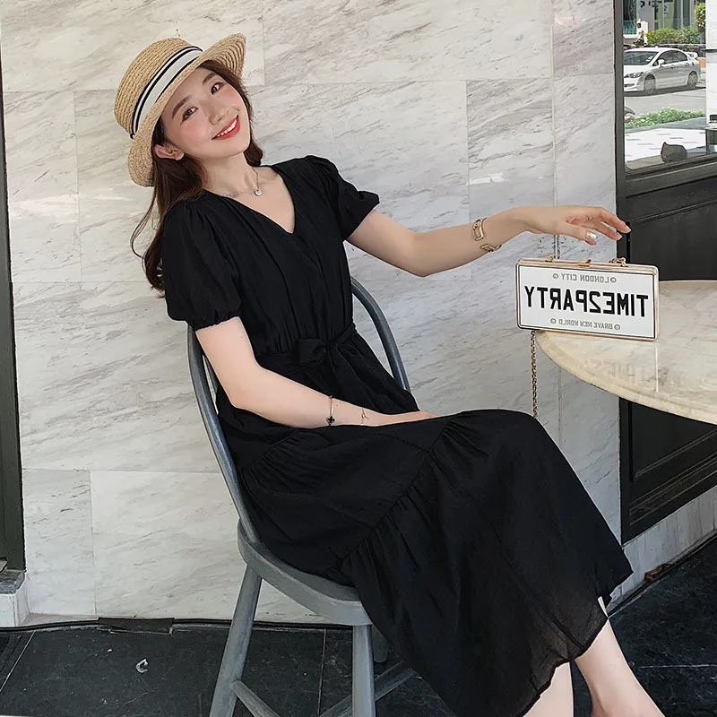 

2019 Summer New Style Korean-style Retro Black Dress Mid-length Slim Fit Slimming Chiffon Dress Thin Pleated Skirt