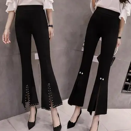 Дамская жемчужина Pantalon женские, с завышенной талией спереди Сплит Корея расклешенные брюки женские летние широкие офисные рабочие брюки спортивные брюки LJ124