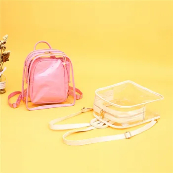 

2019 New 2Pcs Sets PU Clear Transparent Backpack Women Portable Large Capacity Bag for Travel School Shopping