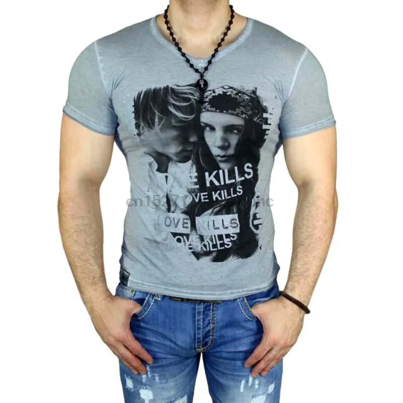 RUSTY NEAL V-NECK KURZARM HERREN SHIRT USED WASCHUNG T-SHIRT GRAU RN-6513