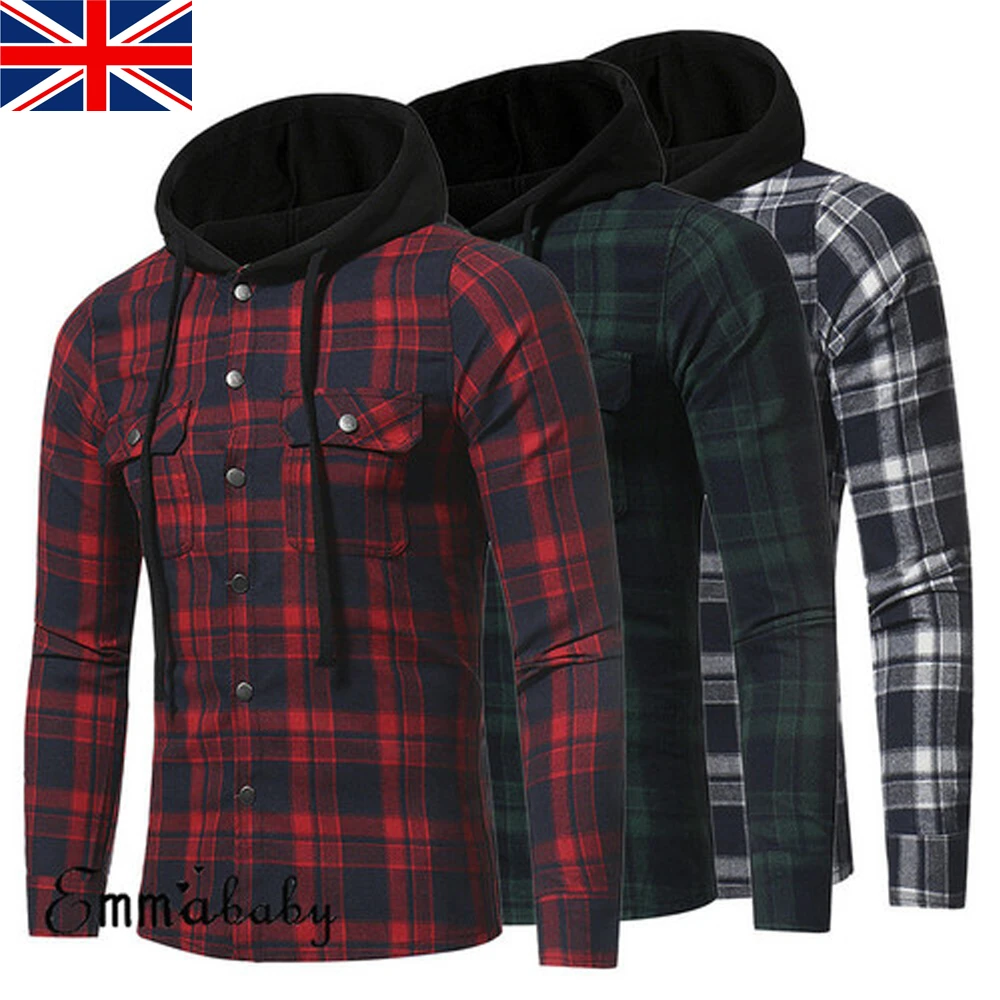Hooded button front check sweatshirt Outlet