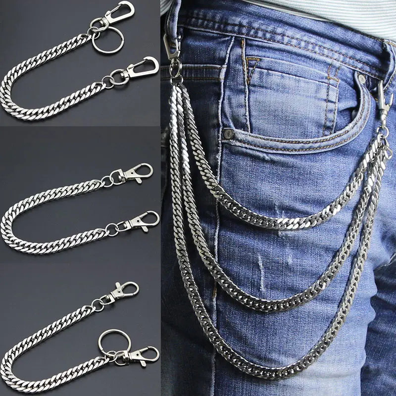 

Diy Stainless Steel Long Metal Wallet Chain Leash Pant Jean Keychain Ring Clip Men's Hip Hop Flat Necklace Jewelry