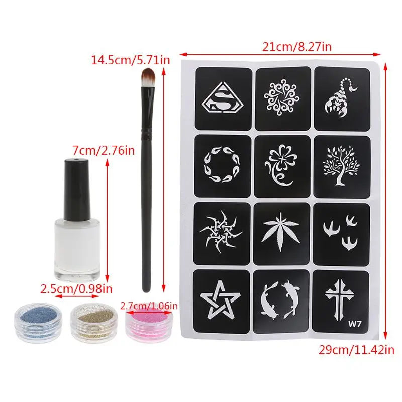 Temporary Shimmer Glitter Powders Tattoo Stencils Brush Glue Kit Body Art Supply T4MB