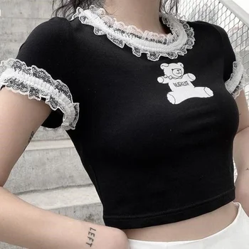 Goth T Shirts Fashion Kpop Bear Print Graphic T Shirts Summer E Girl Sexy Lace Crop Top MINGLIUSILI Gothic Women Clothing 1