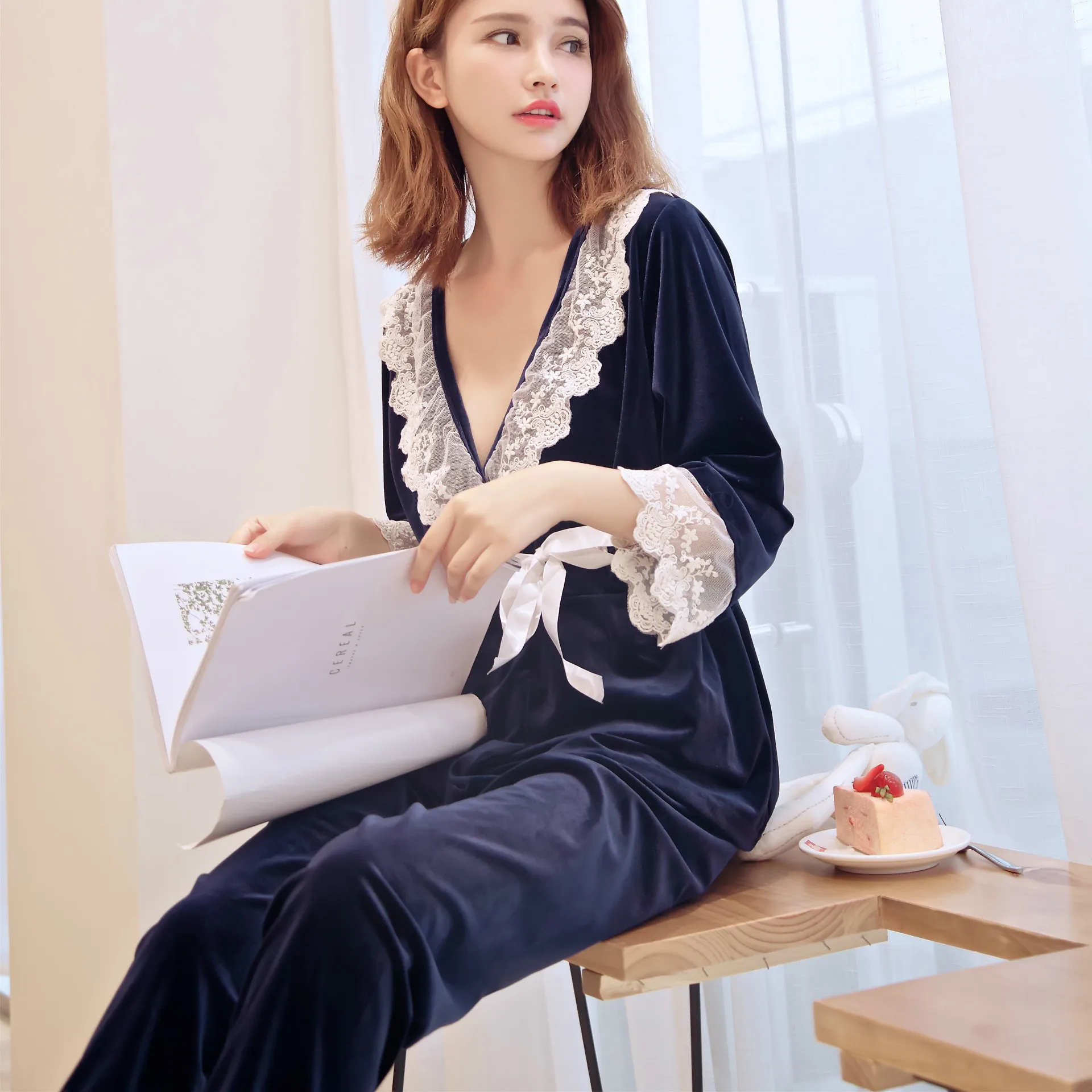 Осень и зима, стиль, замша, длинный рукав, брюки, пижама, женский сексуальный кружевной Золотой Бархатный спортивный костюм