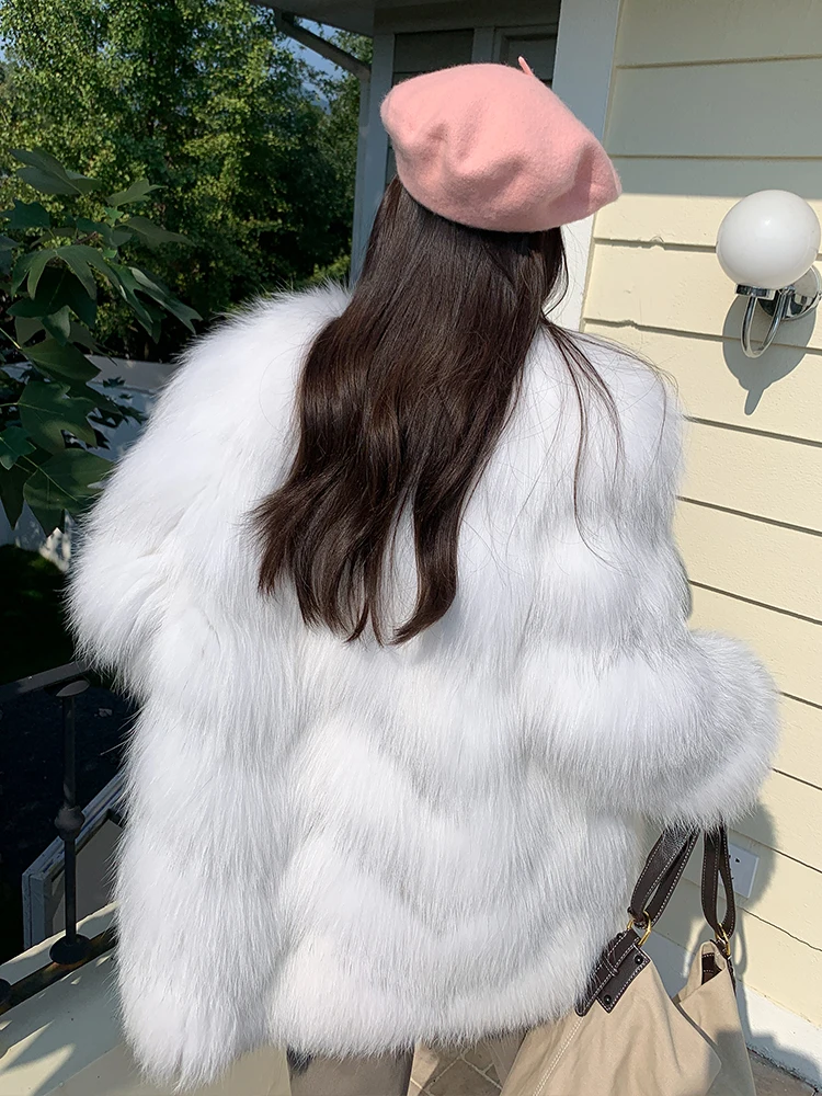 Mid-length Women Real Fox Fur Coat V-Neck 2022 New Trendy Whole Skin Genuine Fox Fur Jacket Thick Warm Fur Overcoat Woman Winter