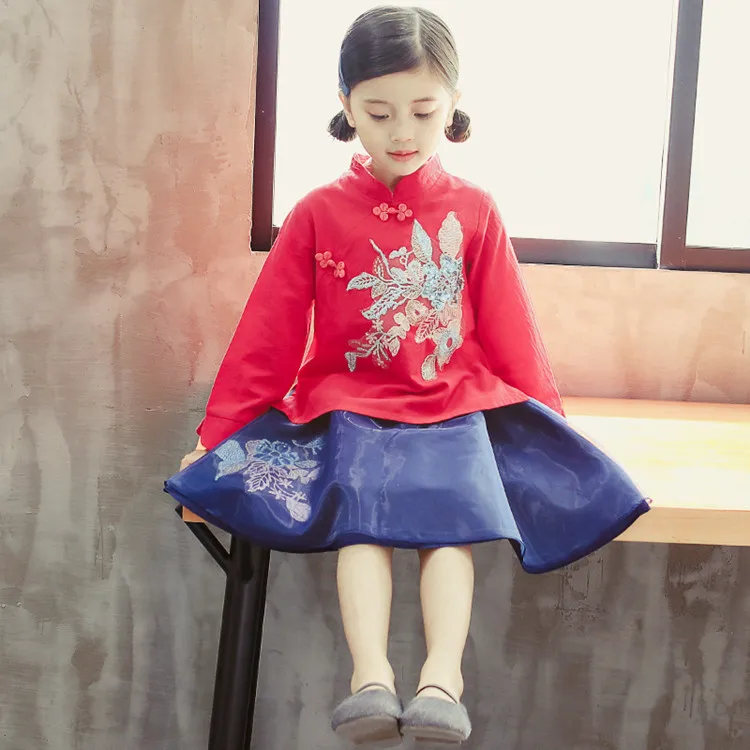 Китайский костюм с вышивкой; комплект детской одежды из хлопка и льна; одежда в китайском стиле для девочек; куртка и юбка; осенняя одежда в китайском стиле