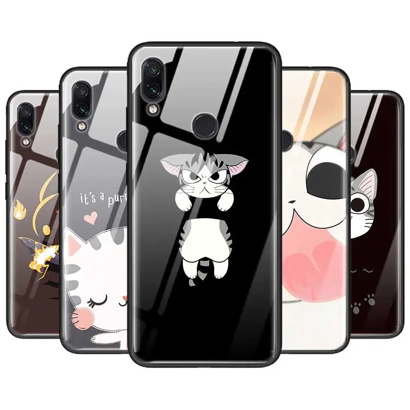 

Cartoon Cat kittens Memes Kitty Tempered Glass Cover For Xiaomi Redmi 7 Note6 Note7 K20 K20Pro TPU Silicone Phone Case Accessory
