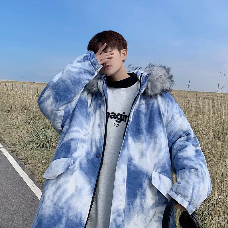 

2020 Winter Snowjacket Tie Dye Hooded Wool Collar Windproof Parkas Warm Big/Over Size Thickened Cotton Padded Men's Coat