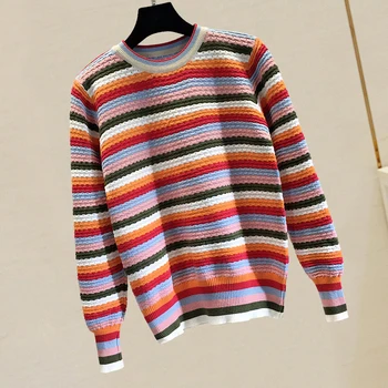 

Rainbow Stripe Sweater Women Pullovers Top 2019 New Spring Autumn O Neck Loose Long Sleeve Female Knitted Sweaters