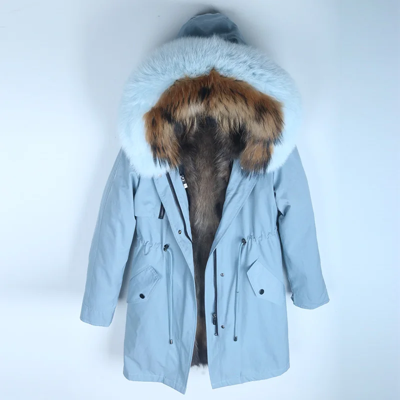 4 smoky blue coat Новинка, теплое зимнее женское пальто, куртка с подкладкой из натурального меха енота, длинная парка с воротником из натурального Лисьего меха, модная Толстая куртка - Цвет: 4 smoky blue coat