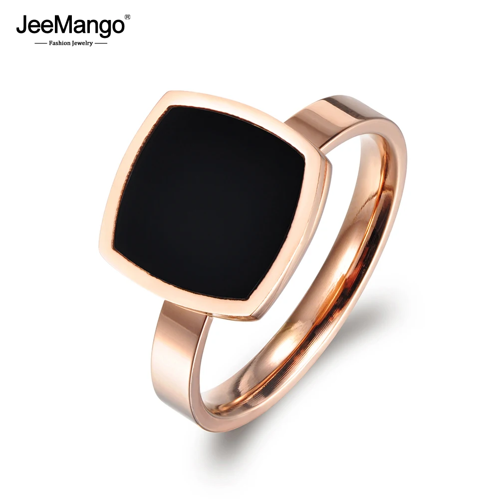 

JeeMango Famous Design Titanium Stainless Steel Ring Jewelry Rose Gold Square Black Acrylic Wedding Rings For Women JR17044