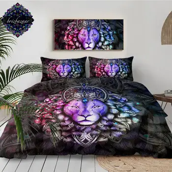 

Leo by Brizbazaar Bedding Set Crowned Lion Duvet Cover Gemstone Bed Set 3-Piece Pink Purple Blue Animal Hair Bedclothes
