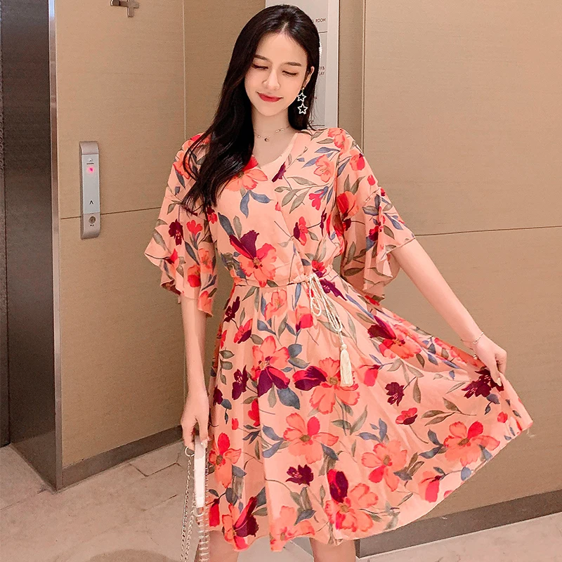 Summer Floral Print Fringe Chiffon Women Dress Fairy Boho Elegant Vintage Vacation Beach Dress Retro Slim Korean Runway Vestidos