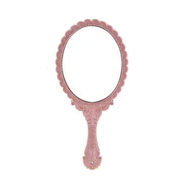 

Vintage Handhold Makeup Mirror Pink Repousse Floral Oval Round Cosmetic Hand Held Mirror With Handle For Ladies Beauty Dresser