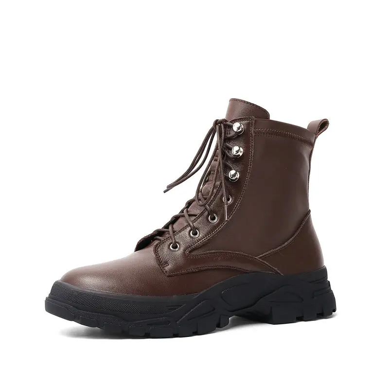 

Warm Comfortable Winter Riding Boots Genuine Leather Cross Tied Platform Heels Short Women Ankle Boots Party Shoes Woman