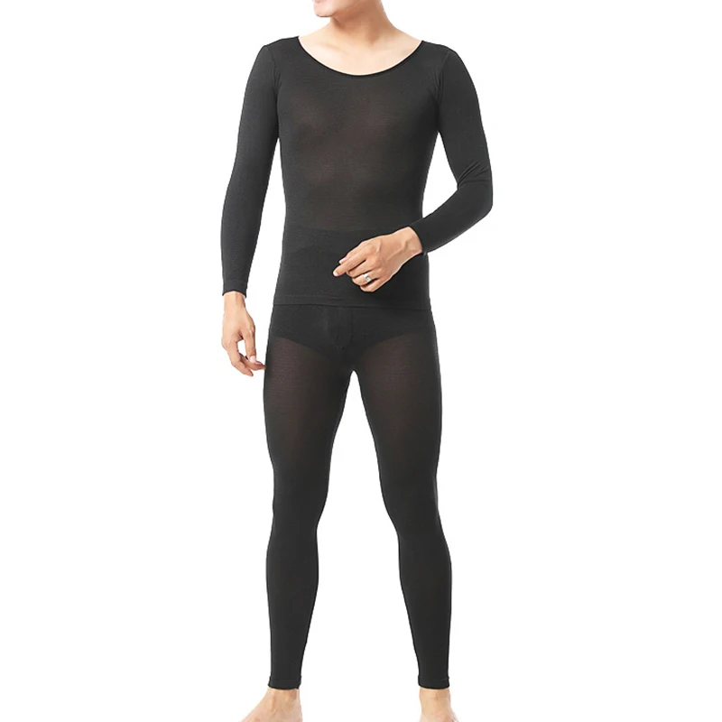 Мужские Бесшовные эластичные термалы внутренняя одежда постоянная температура ультратонкое нижнее белье костюм топ брюки JS25 - Цвет: Черный
