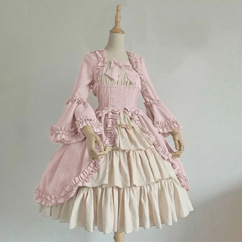 Medieval gothic palace sweet lolita dress vintage lace bowknot square collar flare sleeve high waist victorian dress kawaii girl