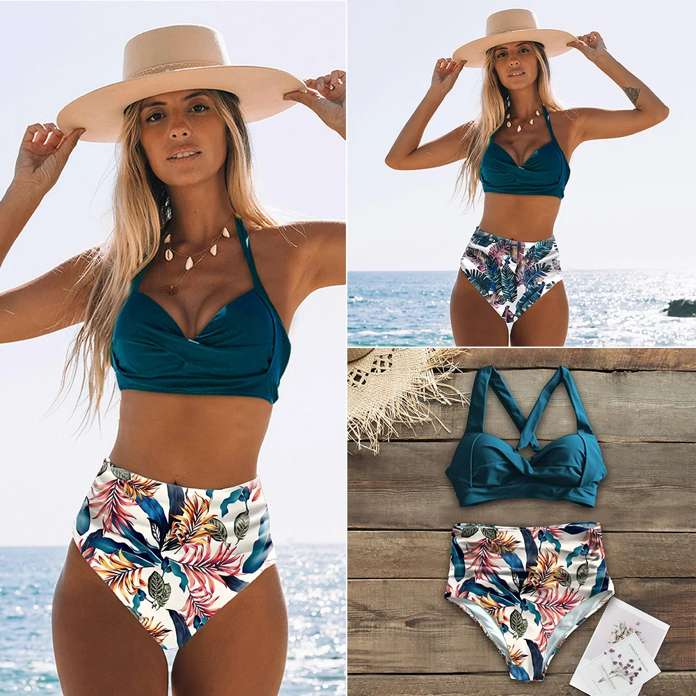 Bikini femenino con cuello Halter y cintura alta, traje de baño con cuello halter y cintural alta con estampado floral en talla XXL