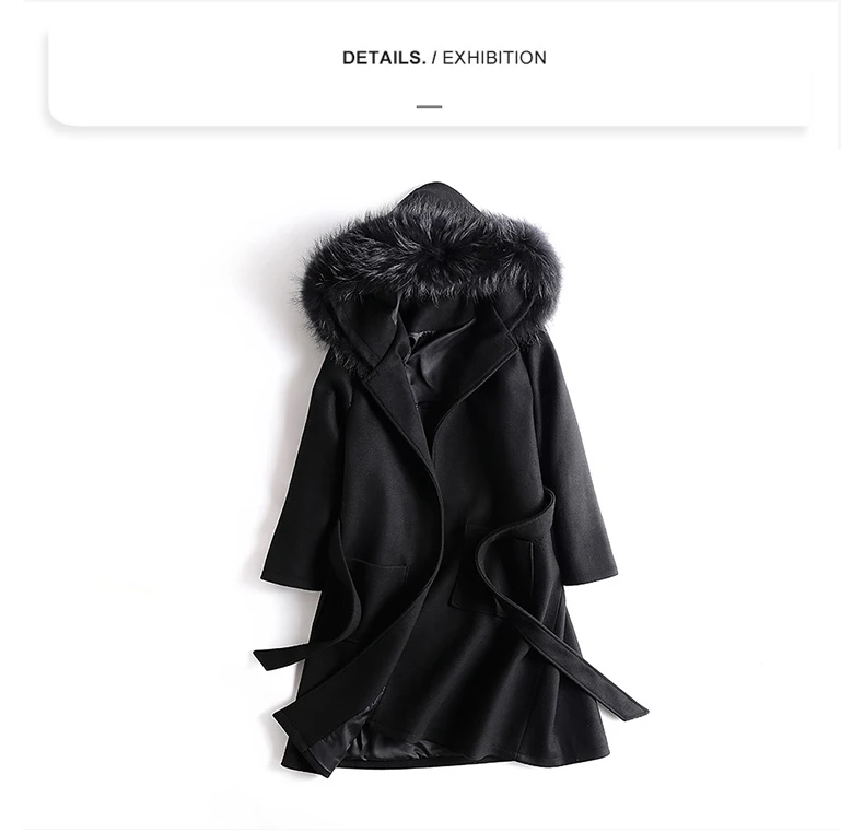 Осенне-зимняя женская тонкая шерстяная куртка с меховым воротником, верхняя одежда с капюшоном, женское теплое шерстяное пальто, женское шерстяные пальто с поясом
