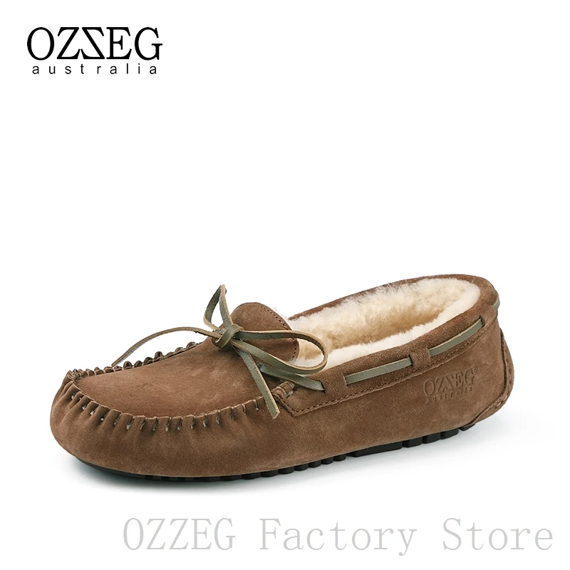 OZZEG; Роскошная брендовая дизайнерская обувь; женская зимняя обувь из натуральной кожи на плоской подошве; австралийская подкладка из натуральной овечьей шерсти; лоферы; обувь унисекс - Цвет: Шоколад