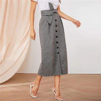 

Button Front Pleat Detail Belted Skirts Womens Summer Autumn High Waist Solid Office Lady Elegant Long Skirt