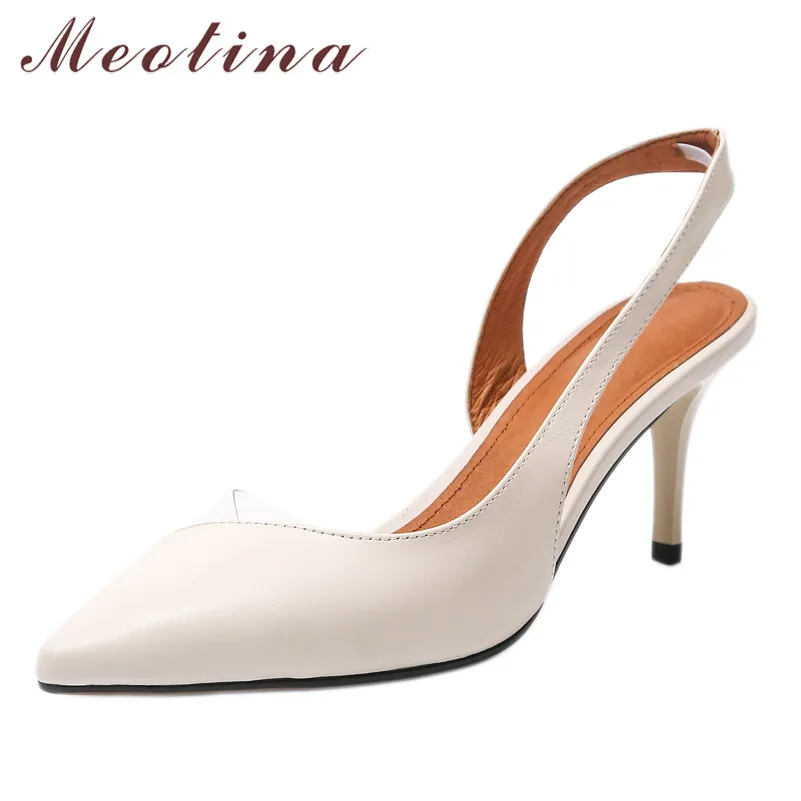

Meotina Genuine Leather High Heel Slingbacks Pumps Women Shoes Pointed Toe Thin Heels Transparent Footwear Female Autumn Beige