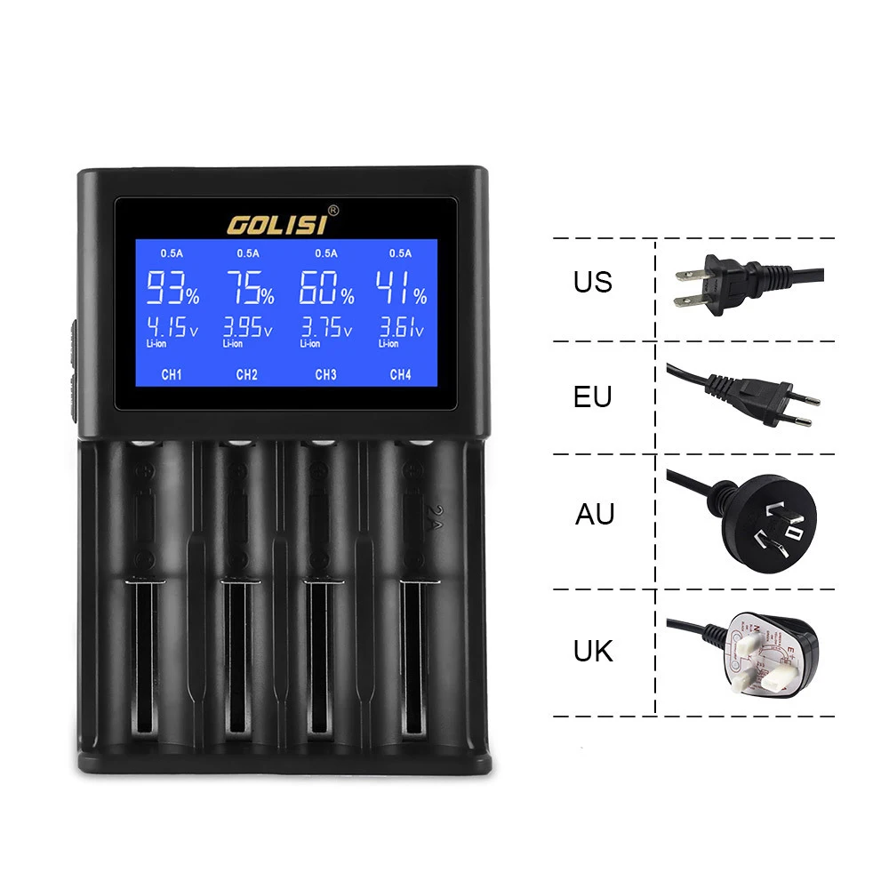 Golisi S4 2.0A интеллектуальное ЖК-зарядное устройство для Li-Ion Ni-MH Ni-Cd Ni-md 26650 18650 20700 21700 AA AAA аккумуляторная батарея