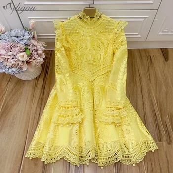 

Ailigou 2020 Fashion Summer New Women'S Transparent Hollow Embroidery Beaded Flared Sleeve Sexy Party Yellow Runway Dress
