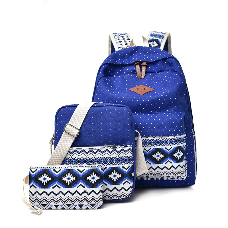 

New Women's Backpack Bag Canvas 3 Piece Set Composite Backpack National Style Casual Student Travel Bag
