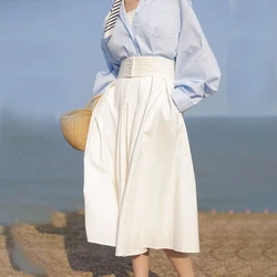 French white high waist A-line skirt Solid Ankle-Length Natural WOMEN Casual COTTON silk long skirt clothes