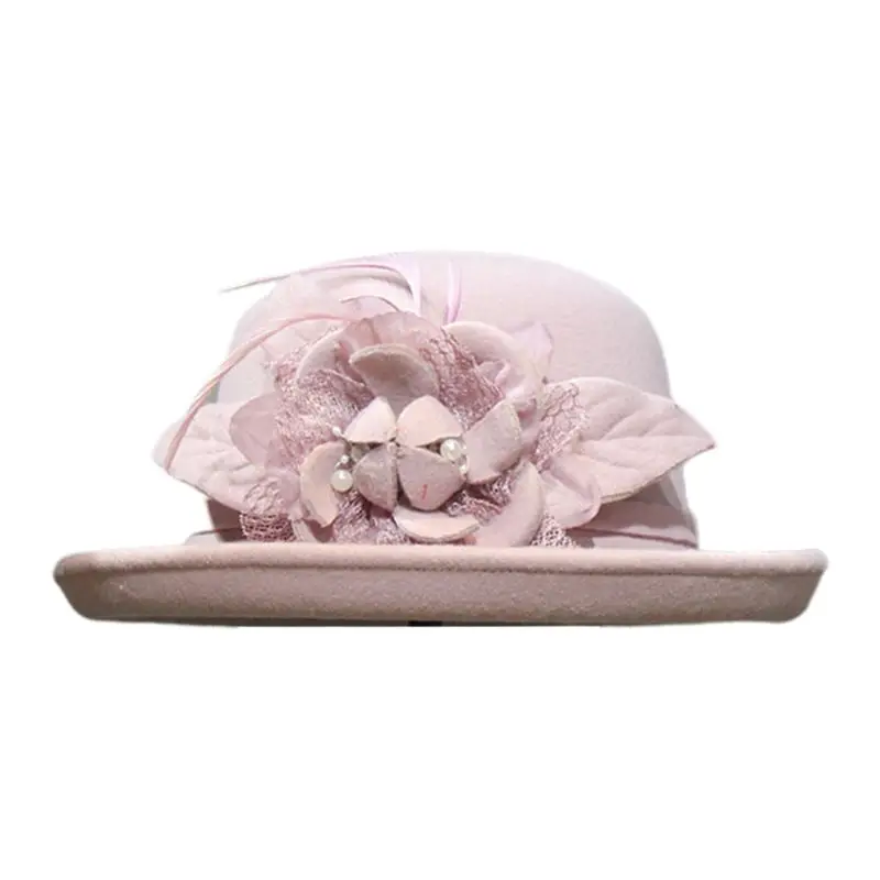 Dusty Pink Женская зимняя винтажная Кепка из искусственного войлока с отделкой в виде цветка, перьев, искусственного жемчуга, бантом, элегантная Свадебная шапка в церковном стиле - Цвет: Dusty Pink