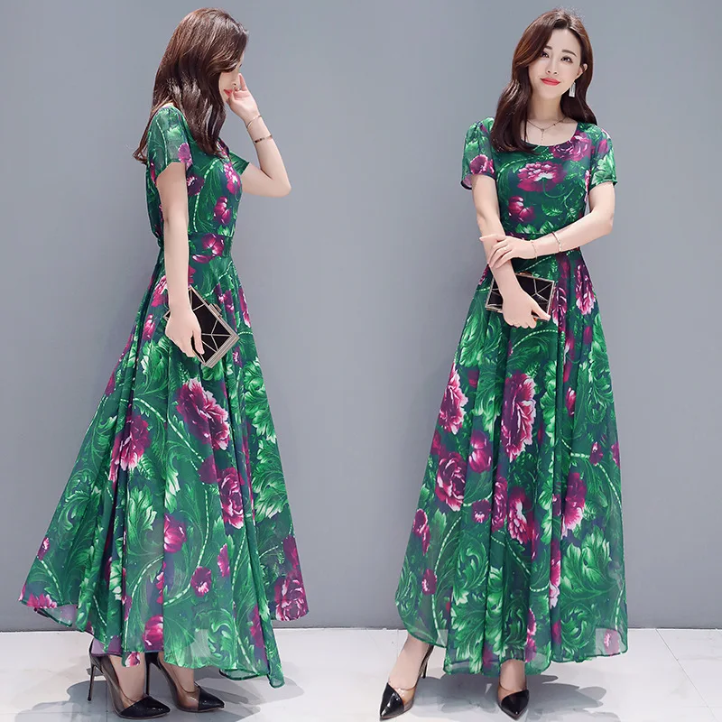 

Immortal Women Dress Summer 2019 New Style Large Size Elegant Slimming Waist Hugging Floral-Print Chiffon Full Body Dress Big He